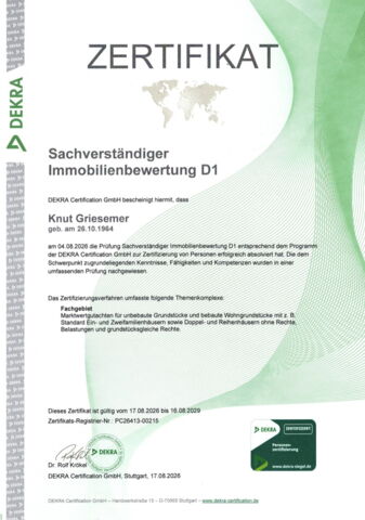 Knut Griesemer - DEKRA zertifizierter Sachverständiger für Immobilienbewertung D1 Standard EFH/ZFH
